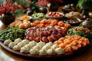 a Chinese banquet table, featuring Peking duck, dumplings, stir-fried vegetables, and tea, served on a round table with a lazy Susan, soft red accents in the background photo