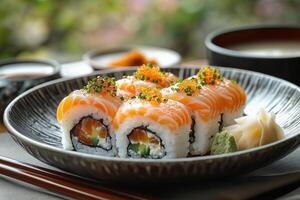a Japanese kaiseki meal, featuring small, elegantly arranged dishes of sushi, tempura, and miso soup, served on lacquerware with chopsticks and sake cups, under soft ambient lighting photo