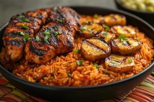 a traditional African meal featuring jollof rice, served with grilled chicken and fried plantains, garnished with fresh herbs, set on a colorful woven mat under natural daylight photo