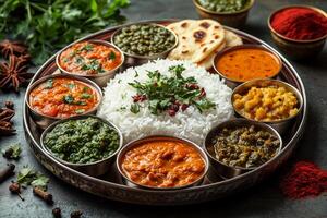 an Indian thali, with a variety of colorful curries, dal, rice, roti, and pickles, served on a traditional metal platter, surrounded by spices and herbs, warm natural light illuminating the table photo