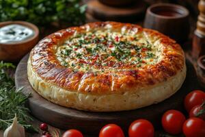 a platter of Bulgarian banitsa, golden and flaky, surrounded by yogurt and fresh herbs, set on a rustic table with bright, inviting light photo