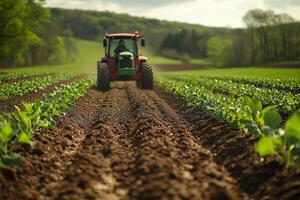 a woman operating a tractor on her farm, surrounded by freshly plowed soil and planting equipment, with bright natural light emphasizing the scene's productivity photo