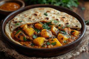 Kenyan chapati served with a hearty vegetable curry, garnished with fresh cilantro, placed on a wooden table with a traditional handwoven cloth under soft natural lighting photo