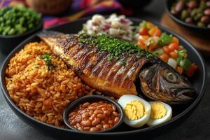 Ghanaian waakye , rice and beans, served with fried fish, boiled eggs, and shito, spicy sauce, accompanied by colorful side dishes, with vibrant fabrics in the background photo