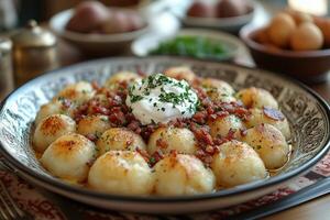 Lithuanian cepelinai - potato dumplings - served on a plate, topped with crispy bacon bits and sour cream, with a traditional tablecloth and natural light photo