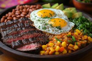 Colombian bandeja paisa, featuring grilled steak, fried eggs, chorizo, avocado, rice, and beans, presented on a wooden platter with vibrant fabrics in the background, soft daylight photo