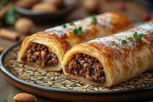Moroccan bastilla, a golden crispy pie filled with spiced pigeon meat, almonds, and sugar, sprinkled with powdered sugar and cinnamon, served on a patterned ceramic plate, soft warm light photo