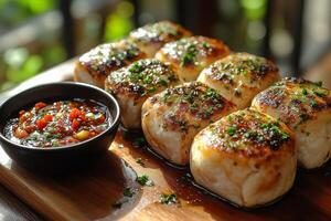 Bolivian saltenas, savory empanadas, with golden flaky crusts, stuffed with spicy meat and vegetables, served on a wooden board with a side of chili sauce, warm sunlight streaming in photo