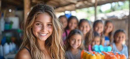 a female coordinator handing out supplies to children at a rural school, with smiling kids and other volunteers in the background, leaving space on the right for text photo