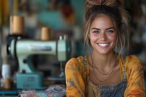 a female tailor in her small sewing workshop, smiling as she measures fabric on a table, with sewing machines, colorful textiles, and soft natural lighting photo