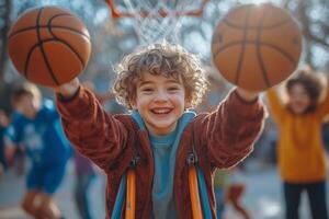 a child with crutches playing basketball with friends, energetic outdoor scene, bright sunny day, smiling faces all around photo