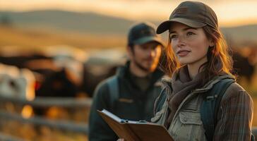 a female rancher standing near a herd of cattle, holding a notebook and talking to a farmhand, with a wooden fence and open pastures in the background under golden sunlight photo