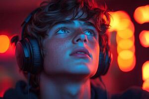 a teenage boy livestreaming on a gaming platform, wearing headphones and interacting with his audience, with a vibrant LED-lit setup and focused expression photo