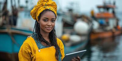 a woman managing a small fisheries cooperative, holding a tablet and discussing logistics with others beside boats, with open water in the background and space on the right for copy placement photo