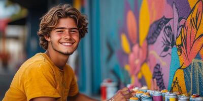 a teenage artist painting a vibrant mural on a wall, surrounded by spray paint cans and sketches, with ample space on the right for text or branding photo