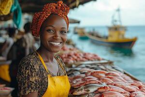 a woman running a fish market stall near the coast, smiling as she weighs fresh fish for a customer, with fishing boats visible in the distance under bright daylight photo