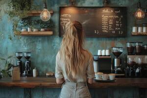a woman managing a small coffee shop in a rural community, standing behind the counter with a tray of coffee cups, surrounded by rustic decor and warm lighting photo