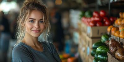 a woman managing a community food bank, organizing volunteers who are packing fresh produce and grains, with a bright and welcoming background and space on the right for text photo
