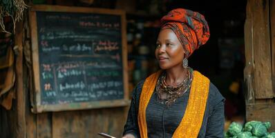 a woman running a community co-op, explaining finances to members seated in a small wooden building, with a chalkboard and stacks of local produce in the background, soft ambient lighting photo