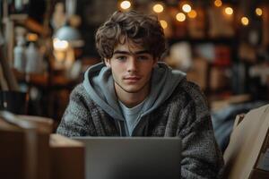 a teen boy managing a dropshipping business, typing on a laptop with packages and inventory in the background, natural light streaming into a cozy room photo