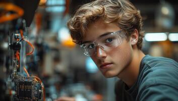 a teen tech innovator working on a robotics project, surrounded by circuit boards, cables, and a robot prototype, with a high-tech lab environment and natural lighting photo
