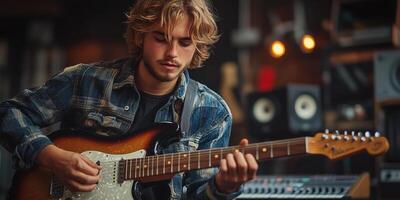 a teenage musician recording music in a home studio, playing a guitar and adjusting sound settings, with clean space on the right for branding or text photo