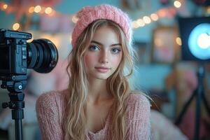 a teenage girl filming a tutorial for her online channel, surrounded by camera equipment, props, and a ring light, with a cheerful and professional vibe photo