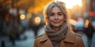 a stylish senior woman wearing a modern trench coat and scarf, walking confidently on a city street, blank space on the right for text, soft golden hour lighting photo