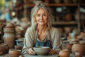 A strong female potter shapes clay on a wheel, embodying leadership and confidence in her busy studio photo