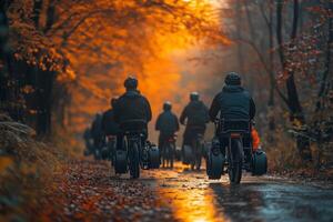 a mixed-ability cycling group on a scenic trail, adaptive bikes included, green nature setting, cheerful mood with warm sunlight photo