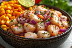 a traditional Peruvian ceviche served in a ceramic bowl, featuring fresh fish, red onions, lime juice, and chili peppers, accompanied by corn and sweet potatoes, with vibrant natural lighting photo