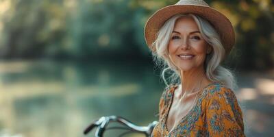 a senior woman wearing a colorful bohemian dress and hat, standing near a vintage bicycle in a scenic park, blank right side for text, soft natural light photo