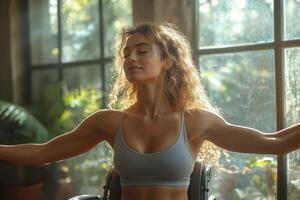 a woman in a wheelchair practicing arm stretches with resistance bands, modern home gym setting, bright daylight coming through a large window photo