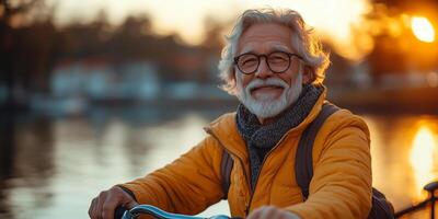 a senior man in a casual yet trendy outfit, leaning on a bicycle near a waterfront, scenic view with copy space on the right, warm sunset lighting photo