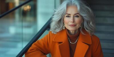 a fashionable senior woman in a long coat and statement jewelry, posing confidently on a staircase, empty right side for copy space, bright overcast light photo