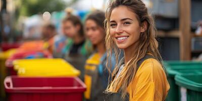 a woman leading a recycling initiative, speaking to volunteers sorting materials into bins, with a vibrant outdoor setting and room on the right for text photo