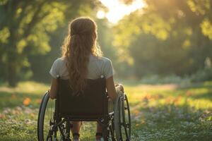 a young woman practicing mindfulness meditation in a wheelchair, serene park setting with trees and flowers, soft golden hour lighting photo