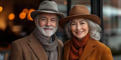 an elegant senior couple dressed in matching outfits, posing together in a bright urban setting, empty right side for copy space, natural daylight photo