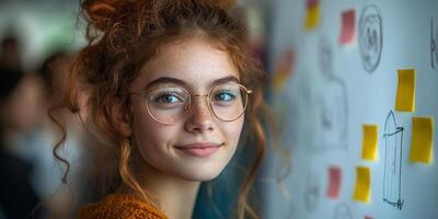 A girl excitedly sketches on a whiteboard, exploring new ideas for her business venture photo