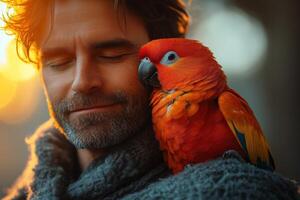 a man enjoying quiet time with his parrot perched on his shoulder, cozy indoor setting with soft ambient light photo