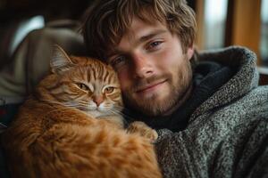 a man sitting on a couch with a cat curled up in his arms, smiling peacefully, soft light coming from a nearby window, minimalist home decor photo