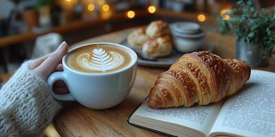 A cozy hand holds a coffee cup and a book, enjoying a peaceful morning with a croissant photo