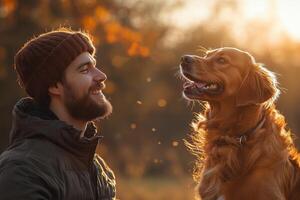 a man and his dog playing in a field, both looking happy and engaged, golden sunlight casting long shadows across the grass photo
