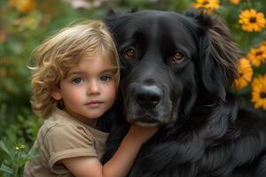 a little boy resting his head on his familys large dog, sitting together in the garden, bright sunny day with green grass and flowers in the background photo