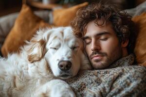 a man relaxing on the floor with his large fluffy dog sprawled across him, warm wooden floors and modern furniture in the background, soft natural lighting photo