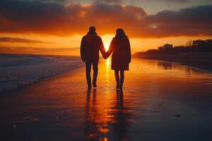 a senior couple holding hands while walking on a quiet beach, soft waves and pastel sky in the background, calm and warm evening light photo