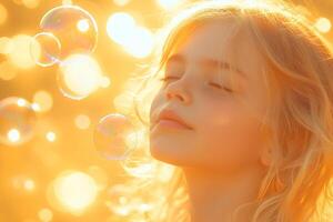 A joyful child blows a soap bubble, bathed in warm sunlight, feeling pure euphoria photo