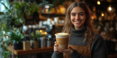 a barista serving a beautifully made cappuccino to a customer in a cozy cafe, modern interior with copy space on the right, warm ambient lighting photo