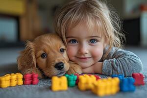 a child lying on the floor, hugging a playful puppy, colorful toys scattered around, bright daylight filling the room photo