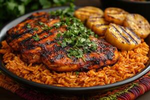 a traditional African meal featuring jollof rice, served with grilled chicken and fried plantains, garnished with fresh herbs, set on a colorful woven mat photo